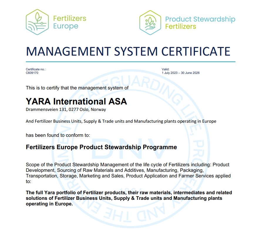 Obtención del Management System Certificate de Yara International ASA: Compromiso con la Sostenibilidad en la Industria de Fertilizantes 